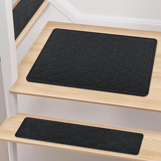 KOOTETA Stair Treads Non Slip Landing Rug for Wooden Steps Indoor, Peel and Stick Stair Treads Matching-Mat 20"X32" Landing Slip Resistant Stair Rugs for Kids and Dogs, Black