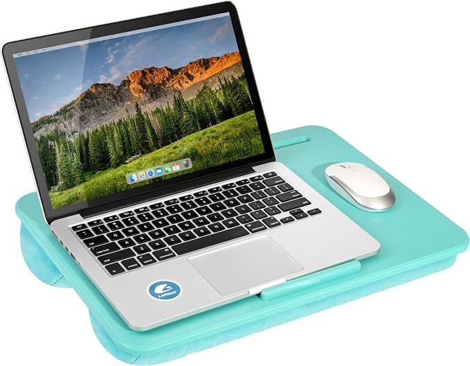 LAPGEAR The Original Lap Desk – Aqua Sky, Fits 17" Laptops | Microbead Cushion, Device Ledge, Built-In Pencil Tray, Carry Handle