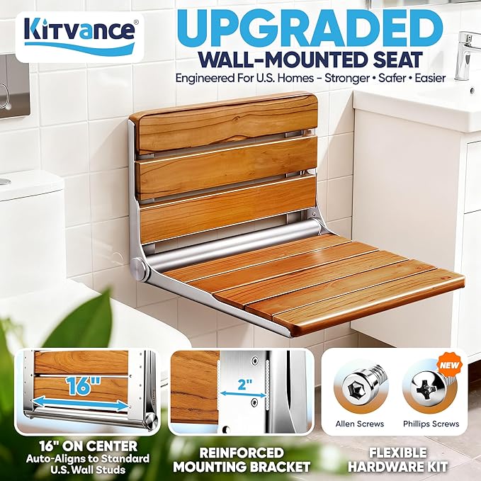 [Upgraded Version] 20" Folding Teak Shower Seat Wall Mounted- Shower Bench for Inside Shower, ADA Compliant Teak Shower Seat Wall Mounted Bench Bathroom Stool, Folding Bathtub Shower Seat for Elderly