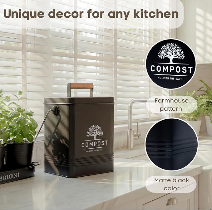 PERFNIQUE Kitchen Compost Bin, 1.7 Gallon Countertop Compost Bin with Lid, Indoor Compost Bin Includes 2 Carbon Filters, Small Compost Bucket, Food Waste Bin for Kitchen with Trash Bags (Matte Black)