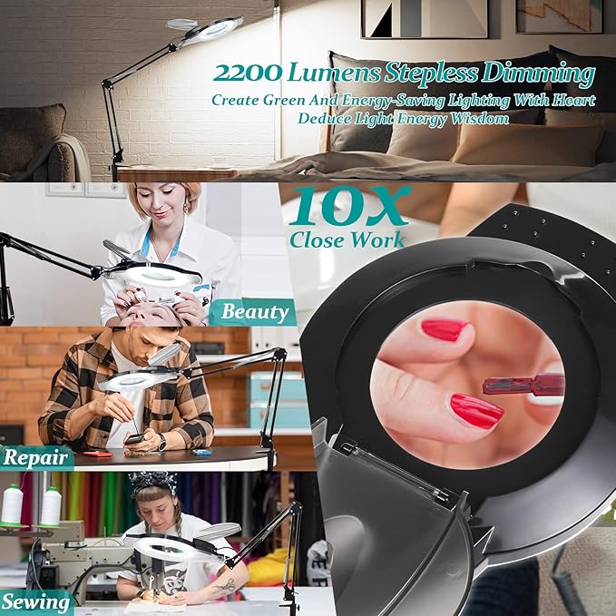 10X Magnifying Glass with Light and Stand, NUEYiO 2200 Lumens Stepless Dimmable LED Magnifying Lamp, 4.2" Real Glass Lens, Adjustable Swing Arm Lighted Magnifier Lamp for Repair, Crafts, Workbench