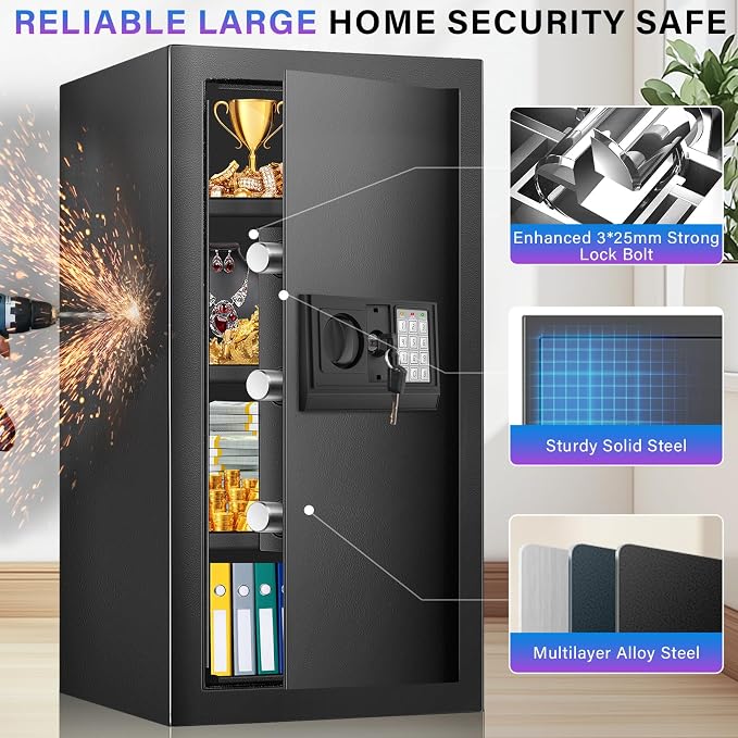 [27.56''] Tall Safe Box, Home Safe with Fireproof Waterproof Bag, 6.2 Cuft Anti-Theft Digital Security Lock Box with Smart Alert System, Removable Shelf, Mute Function, Document Safes for Jewelry