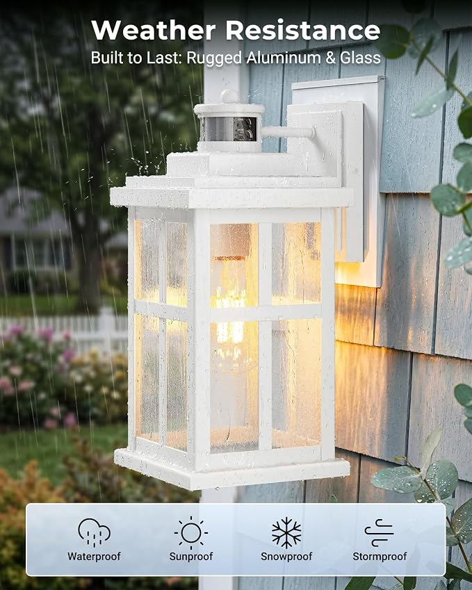 VIANIS Large White Outdoor Lights for House, Modern Exterior Light Fixtures | Outdoor Motion Sensor Light Wall Mount, 100% Aluminum Waterproof Outdoor Wall Sconce Lantern for Garage, Textured Seed Glass