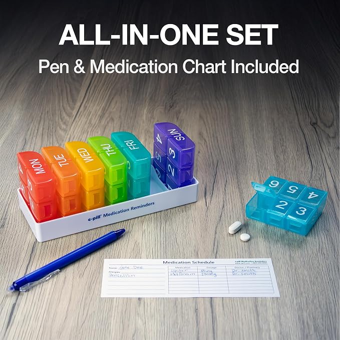 e-Pill 7 Day Weekly Pill Organizer – 6 Times a Day Medicine & Vitamin Box with 6 Alarm Reminders