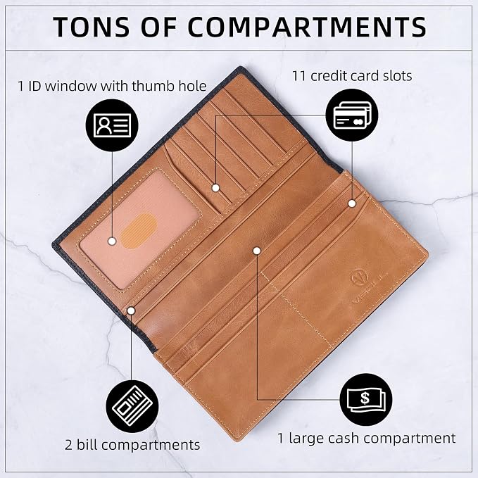 VISOUL Leather Checkbook Cover Wallet for Men with RFID Blocking, Mens Long Bifold Cash Tall Wallet with 11 Credit Card Slots 1 ID Window (Black+Tan)