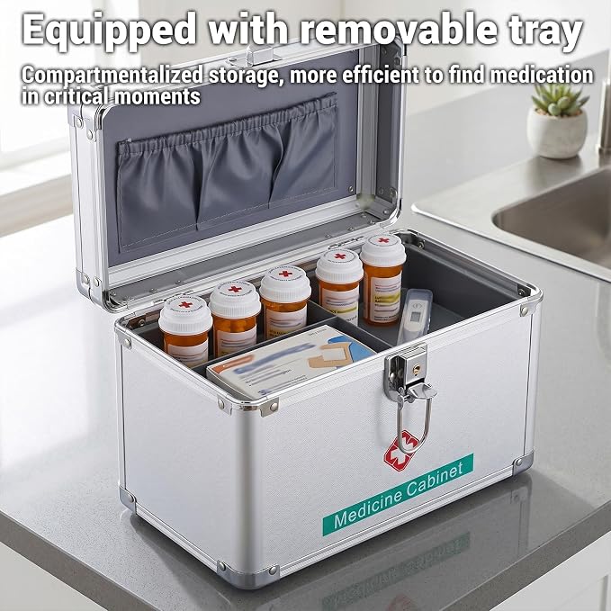 Medicine Lock Box with Keys, 10" x 6.7" x 5.7" First Aid Box, Handle Portable Medication Storage Lock Case, Small Medical Box Organizer Safe Layered Aluminum Daily Medicine Lockable Cabinet