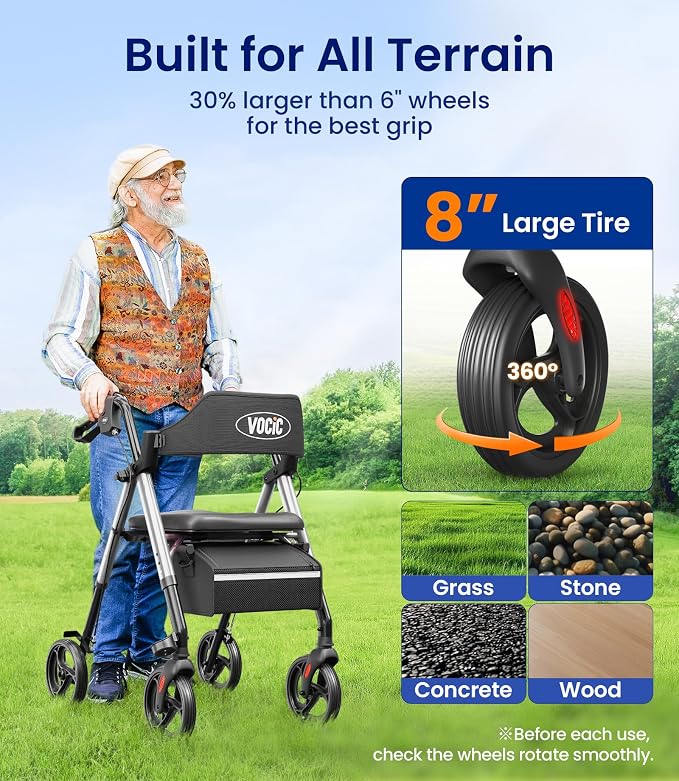 VOCIC Z21 Rollator Walker for Seniors with Seat, 8" All Terrain, 350 LBS | Lightweight Foldable & Dual Height Adjustable for Seniors, Ergonomic Arc Seat&6" Ultra Backrest Provide Comfort, Silver