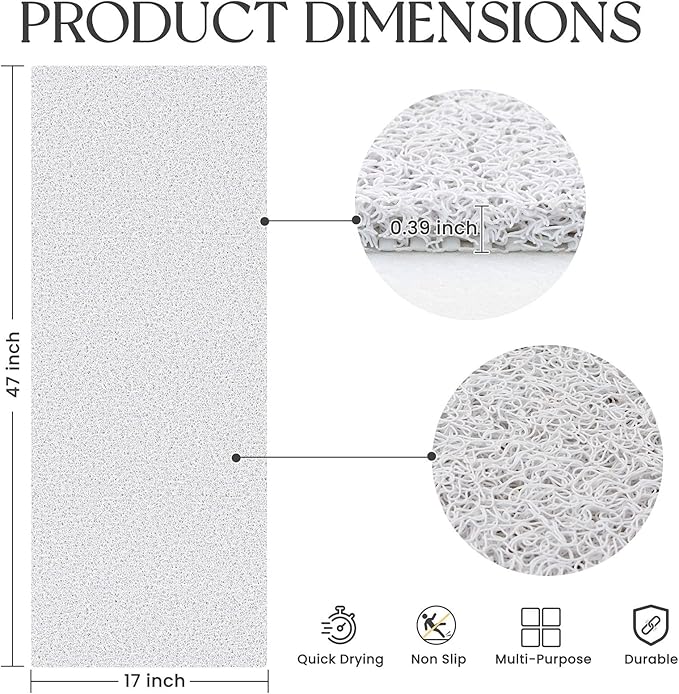 Bathtub Mat Non Slip, 47x17 Inch Shower Mats for Inside Shower, PVC Loofah Bathroom Mat Quick Dry with Drain Hole, Phthalate-Free Bath Mats for Shower Bathroom Tub and Wet Areas (White)