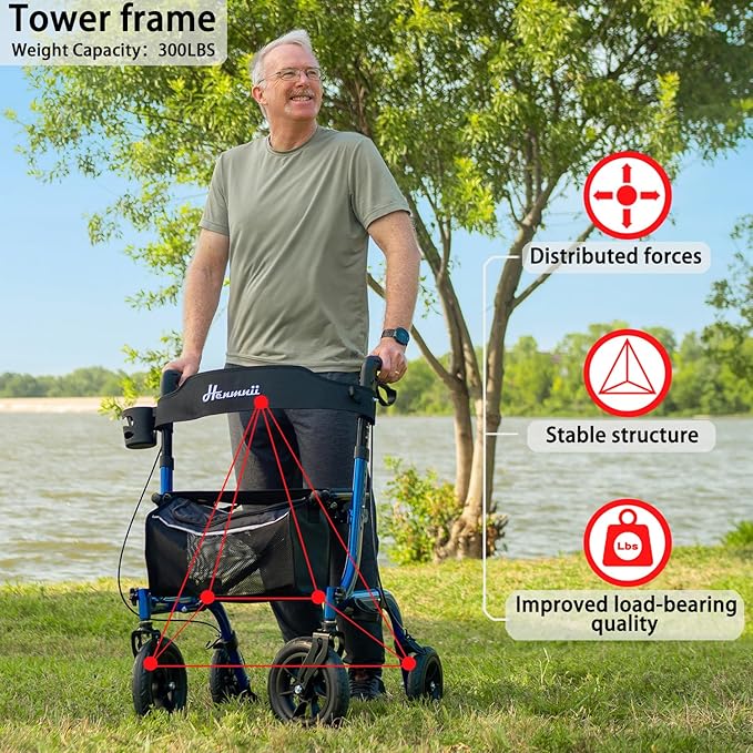 Rollator Walker for Seniors, Lightweight Foldable All Terrain Rolling Walker with seat, Aluminum Walkers with 10 inch Rubber Wheels, Handles and Backrest for Seniors and Adult