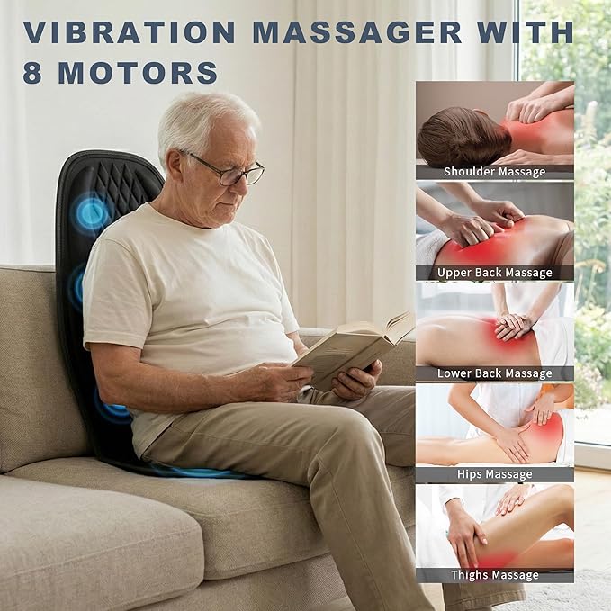 Back Massager with Heat, Massage Seat Cushion with 3D Back Support, 8 Vibrating Motors Massager Chair Pad for Full Body Pain Relief, Ideal Gift for Valentine's Day/Lover/Parents/Friends