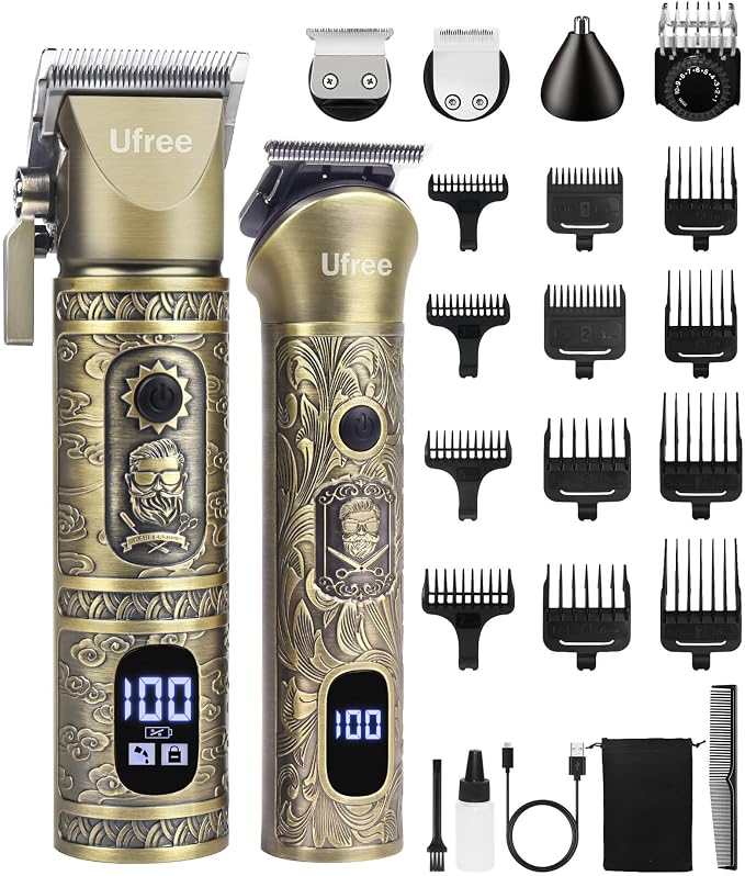 Ufree Hair Clippers for Men, Cordless Beard Trimmer, Grooming Kit, Bronze | T-Blade, 6500RPM, 1-22mm Adjustable Comb, Type-C, 180min Runtime, for Beard, Stubble, Nose and Crisp Edges, Men Gift