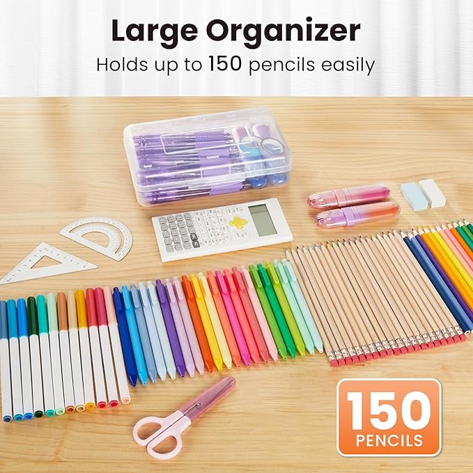 6 Pack Pencil Box, Sooez School Box, Hard Pencil Boxes for School Supplies Bulk, Large Plastic Pencil Case with Lid, Clear Pencil Container, Stackable School Box Crayon Boxes Bulk for Kids, Pink