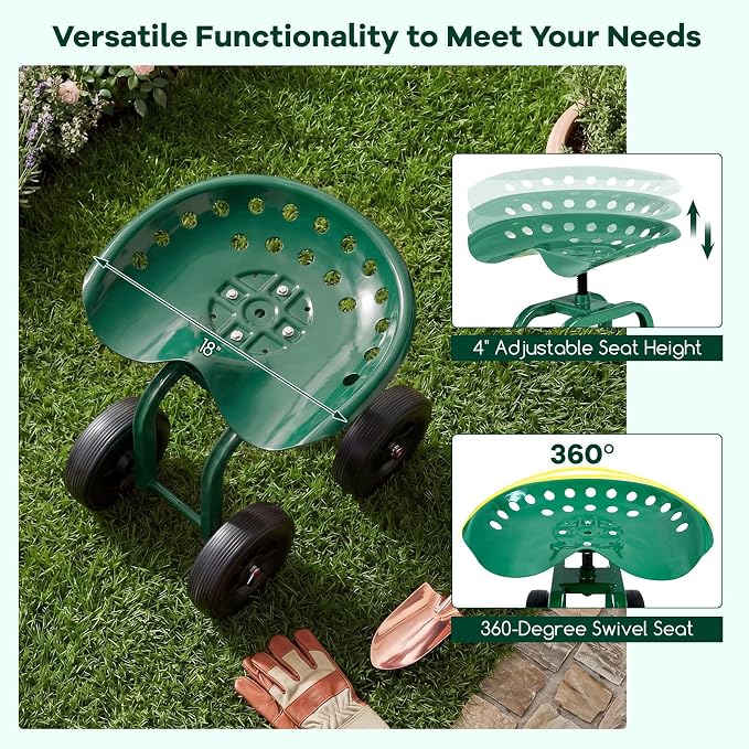 Goplus Garden Cart with Wheels, Utility Stool Cart w/Adjustable 360 Degree Swivel Seat, Outdoor Lawn Yard Rolling Work Seat, Garden Scooter for Planting (Green)