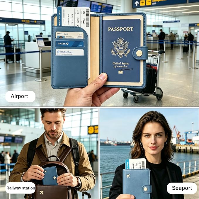 Passport Holder RFID Blocking Travel Wallet, Denim Blue | Passport Cover with Multiple Card Slots, Water-Resistant & Easy-Carry, Must-Have Travel Accessory for Men & Women.