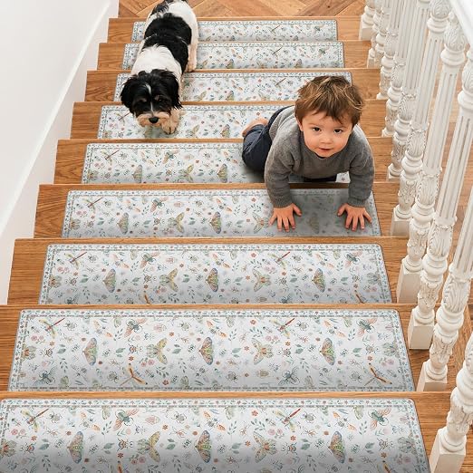 OJIA Insect Stair Treads Non-Slip Stair Runner for Wooden Steps 15PC 30"x8" | Indoor Stair Runners Carpet Stair Treads for Wood Stairs Staircase Step Treads for Kids, Elders, Dogs, Stair Covers, Beige