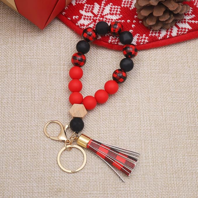 BAOSIWA Silicone Key Ring Bracelet Wristlet Keychain Unique Beaded Bangle Key Chains for Women with Leather Tassel