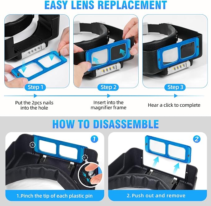 Dilzekui Rechargeable Magnifying Glasses for Close Work 1.5X to 3.5X Lenses | with Adjustable Light, Opitcal Arylic Lens, Lightweight Magnify Headset, Handsfree Head Magnifier for Jewelers Hobbies Crafts