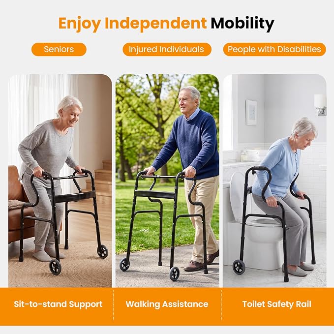 Goplus 3-in-1 Stand-Assist Folding Walker with 5" Wheels, Heavy Duty Walking Mobility Aid Supports up to 220lbs, Can be Used as Toilet Safety Rail, Narrow Drive Walkers for Seniors Elderly Adult