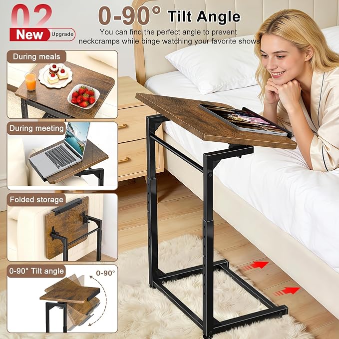 Tv Tray Table Set of 2, Living Room Table Sets 8-Level Adjustable Height Couch Side Table,90° Tilt Angle foldable End Table,Laptop Table with Phone & Tablet Slot Dinner Tray Desk for Recliner/Sofa/Bed