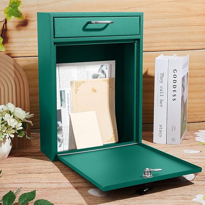 Yaocom Locking Mailbox with Key for Outdoor 16.2 x 11.2 x 4.7 Inches Large Wall Mount Mail Box with Lock Security Mail Drop Metal Collection Boxes Hanging Secure Postbox(Green)