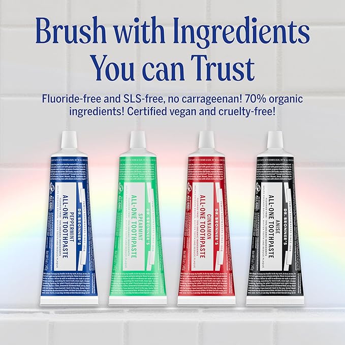 Dr. Bronner’s All-One Toothpaste 3-Pack Variety– (Peppermint, Cinnamon, Anise, 5oz Each)– 70% Organic Ingredients, SLS Free Toothpaste, Fluoride Free, Natural, Vegan, Gentle for Sensitive Teeth