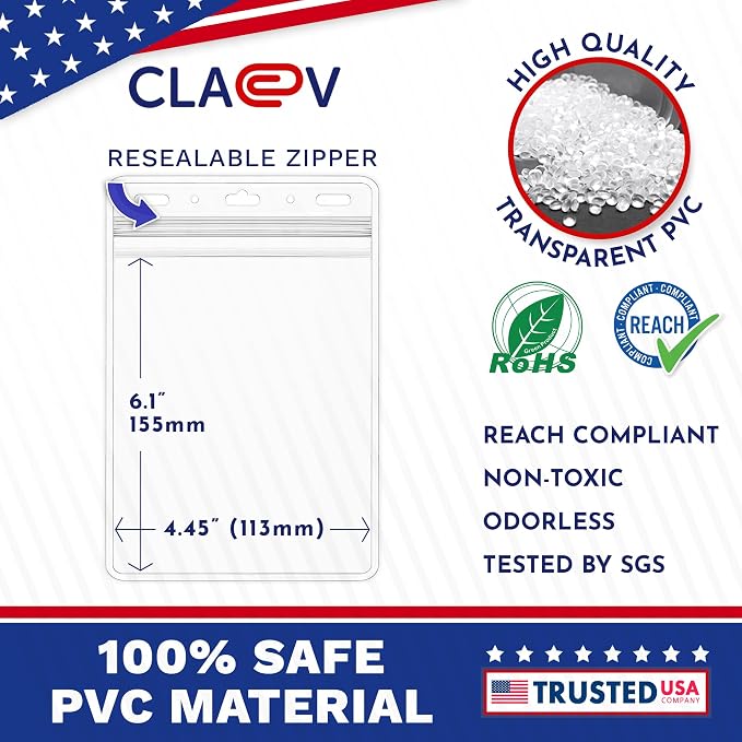 Claev - Vertical 4x6 Passport & Card Holders - Extra Large, 100 Pack | Bulk clear waterproof ID badge holders, fits 4 x 6 insert cards with fast seal for travel, conferences, conventions & events