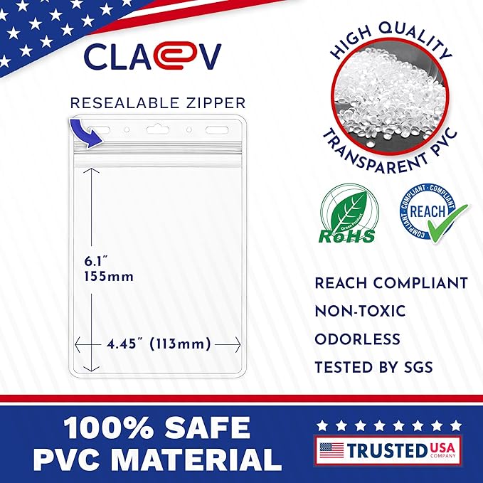 Claev Fast Seal Vertical 4x6 Passport & Card Holders (4x6 Extra Large (XXL), 50 Pack), Clear Waterproof ID Plastic Name Card Badge Holders for Travel, Conferences, Conventions | Bulk clear waterproof ID badge holders, fits 4 x 6 insert cards with fast ...
