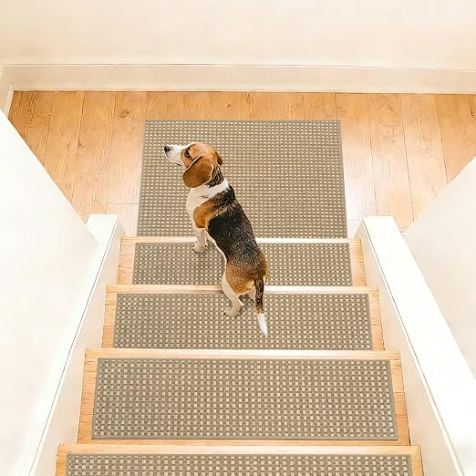 DEXDE Stair Treads Landing Mat 30"x30" Non-Slip, Beige 1pcs | Chenille & Linen Matching Mat for Wooden Steps Indoor, Carpet Stair Rugs Backing Washable Self-Adhesive Stair Carpet