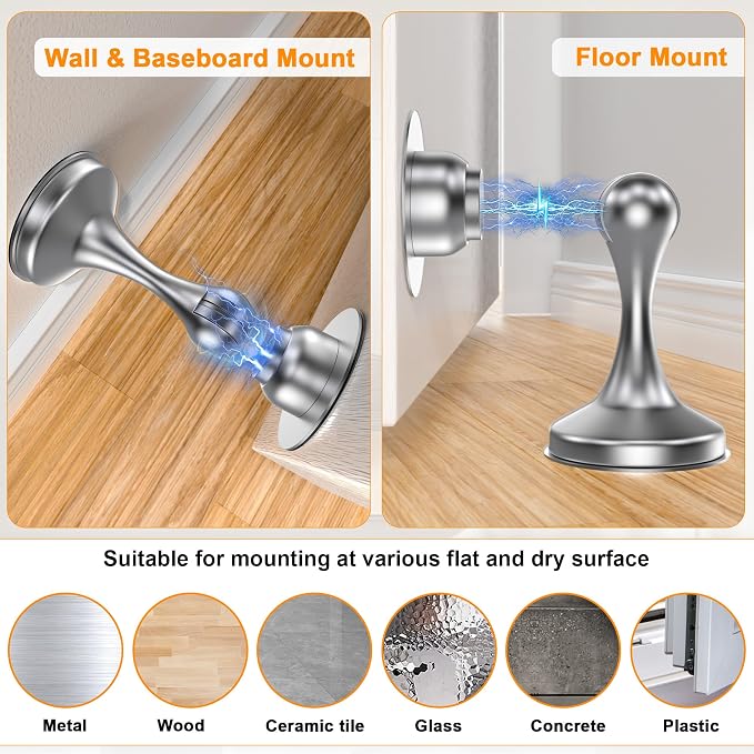 Crosize Magnetic Door Stoppers 1 Pack, Stainless Steel Door Stops for Wall and Floor Mounting, Door Holder Keep Door Open, No Drilling Door Stop with Adhesive Tapes, Silver