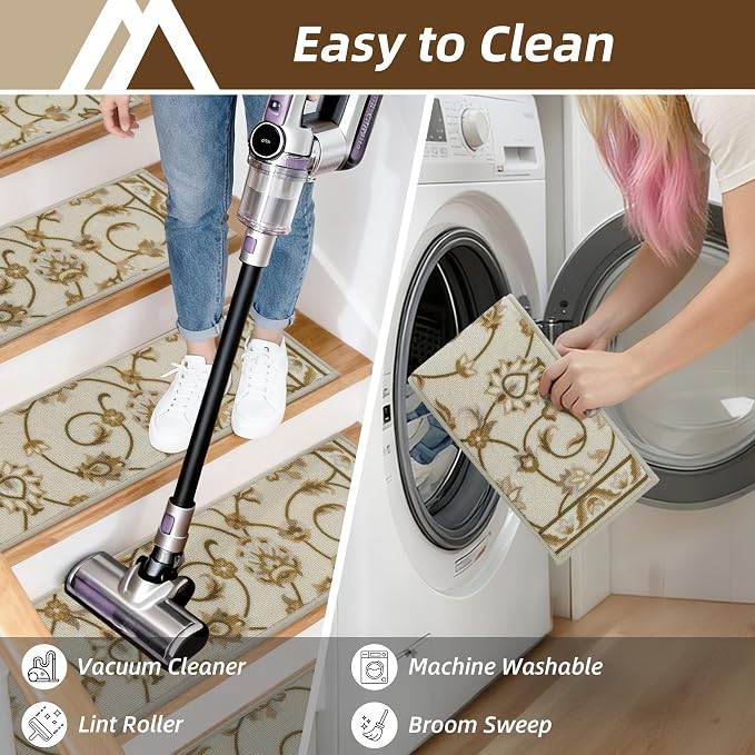 COSY HOMEER Stair Treads for Wooden Steps Non Slip Washable 8" X 30" 15pcs | Self Adhesive,Peel and Stick,Soft Carpet Stair Treads for Kids,Elder,Pet,Residue Free,Reusable Stair Runner,Multi-Surface Use