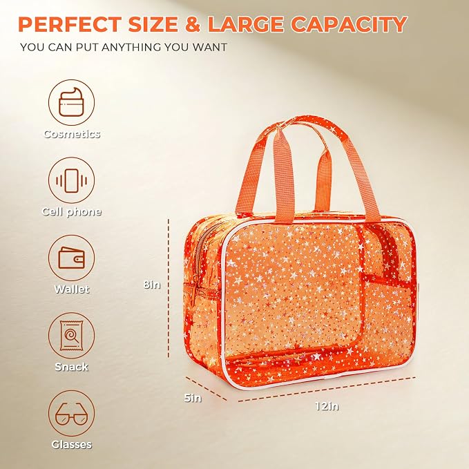 Clear Orange Star Large Makeup Bag with Star Pattern 12x5x8 inch, Travel Cosmetic Bag with Handle, Durable PVC Material Washbag Zipper Opening Design for Makeup Travel Organizer or Gym Use