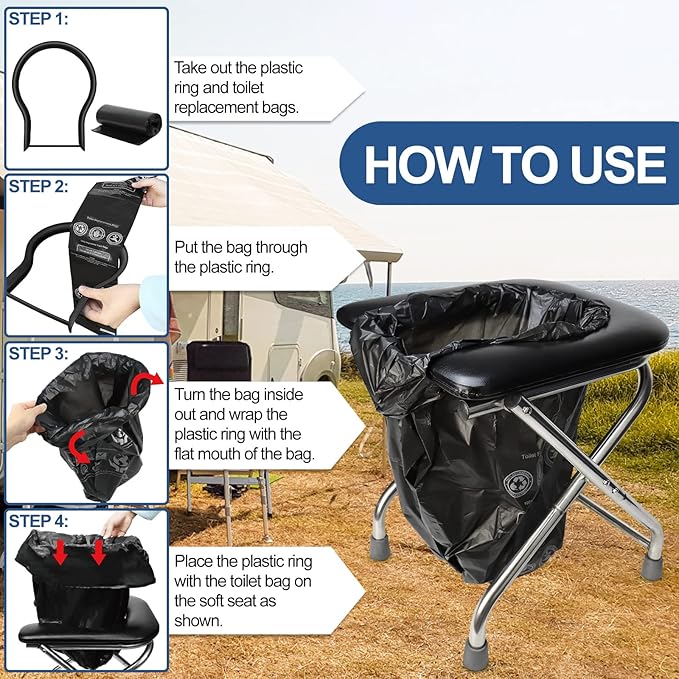 BLIKA Portable Toilet for Camping, 350LBS Stainless Steel Foldable Camp Travel Toilet with Soft Seat for Adults, 16.5-Inch Portable Toilet for Truckers, Camping, RV Travel, Road Trips, Outdoor Use