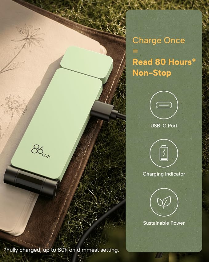 86lux Book Light, Rechargeable Clip-On LED Reading Light for Bed | 3 Color Temperatures with Stepless Dimming, Ultralight Bookmark Design for Book Lovers, Mint Green