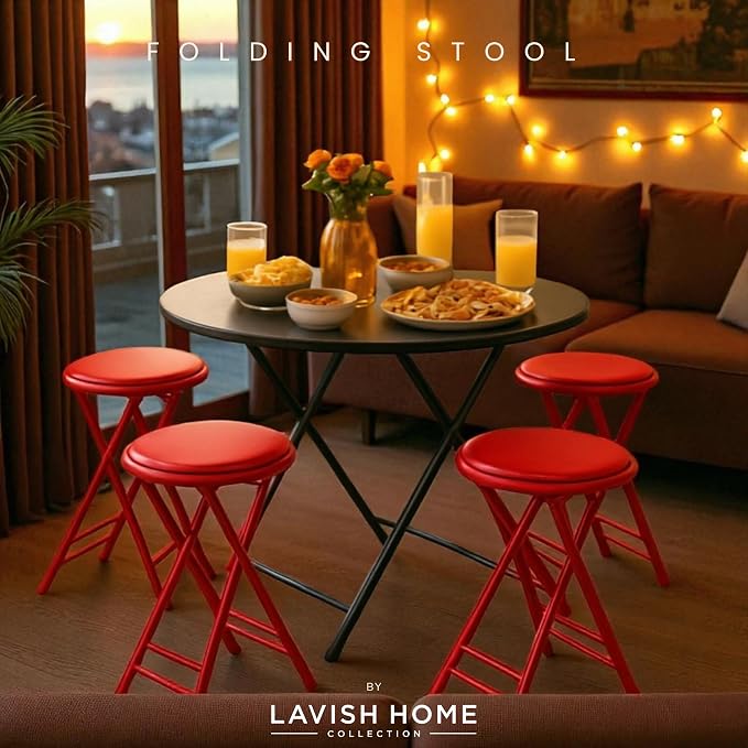 Lavish Home Folding Stool with Padded Backless Seat Set of 4, Red, 24” | Counter Height Bar Stools with 225lb Capacity, Portable Indoor & Outdoor, Extra Seat for Kitchen, Rec Room or Camping