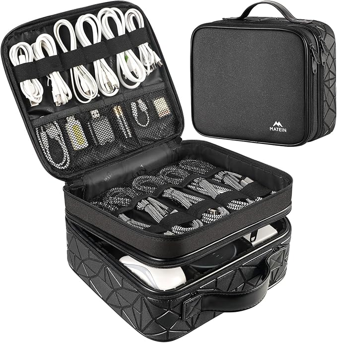 MATEIN Cable Organizer Bag, Travel Electronic Storage Cord Organizer Box | Tech Bag for Travel, Waterproof Charger Storage, Double Layer, Carrying Case for Cord, Shockproof, Portable, DJ Gifts, Black