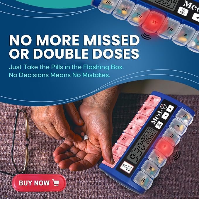 Med-Q Digital Pill Box with Alarms – Pill Organizer with Flashing Lights & Beeping Reminders – Monthly Pill Dispenser for Seniors, Dementia, Alzheimer’s, Medication & Vitamin Management