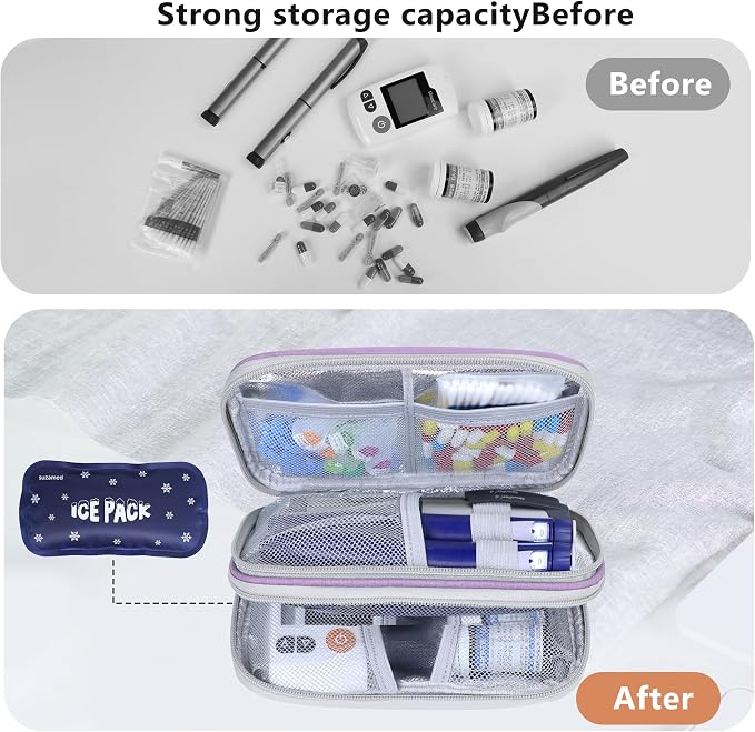 suzamed Insulin Cooler Travel Case, Double Layer Medicine Kit Diabetes Travel Case, Portable Medicine Organizer with 2Pack 150g Ice Pack TSA Approved for Insulin Pens Diabetic Supplies (Purple)