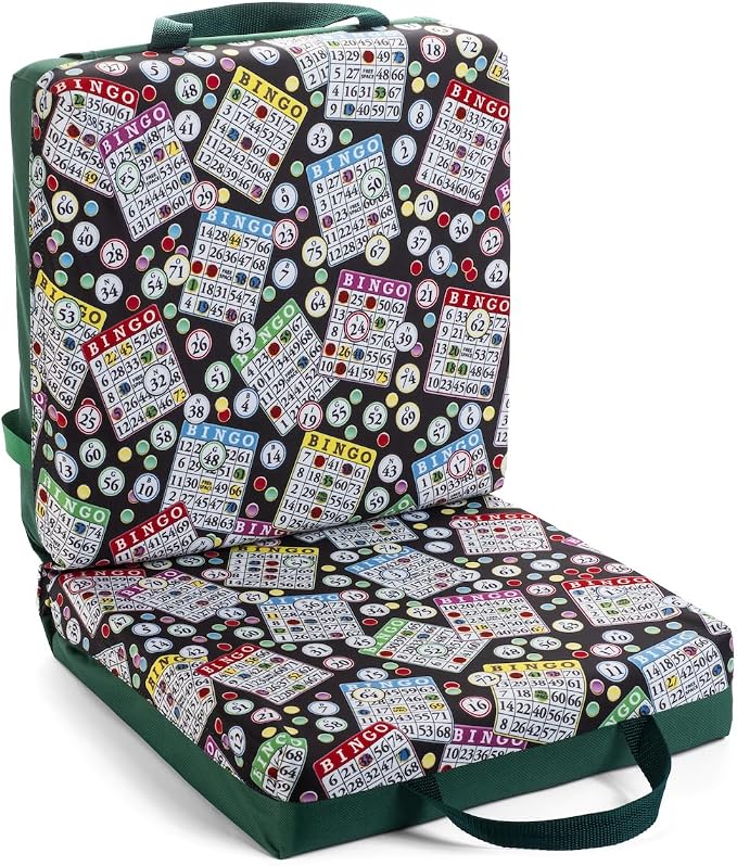 Classic Bingo Pattern Seat Cushion – Extra Thick 3” Bingo Pillow with Strap, Storage Pouch & Handles – Comfortable Folding Chair Cushion for Bingo Nights (Green)