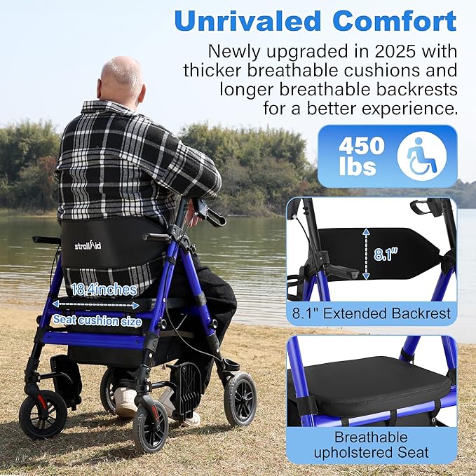 Walkers for Seniors,Heavy Duty Rollator Walker Wheelchair Combo, 2 in 1 Rollator Transport Chair with Brakes, 450 lb Rolling Walker 10" Big Wheels for All Terrain, Blue