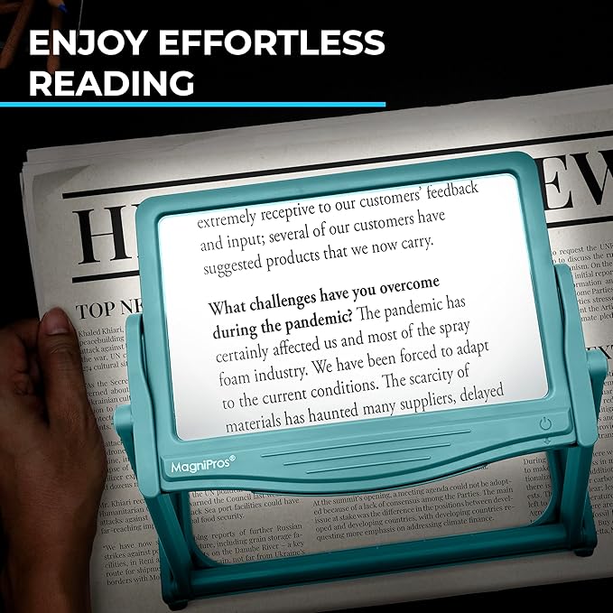 MAGNIPROS 5X Large LED Full Page Magnifying Glass w/Collapsible Hands-Free Stand & 3 Color Light Modes to Reduce Eye Strain-Ideal Reading Small Prints, Crafting, Low Vision & Seniors
