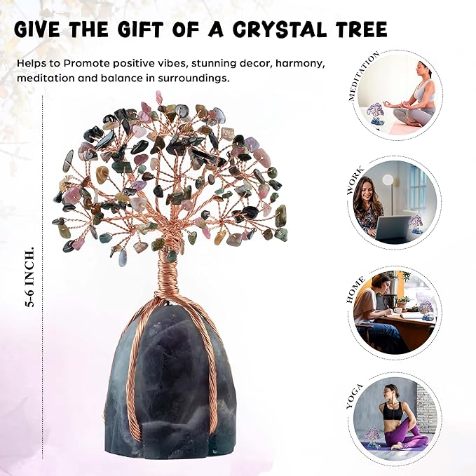 Multi Tourmaline Crystal Tree with Fluorite Rough Base Tree of Life Decor for Shelf, Bedroom, Birthday Gifts for Women, Sister Gifts, Birthday Gifts for Mom, Cute Home Decor Purple Decor Present