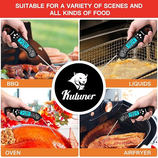 Digital Meat Thermometer Instant Read, Waterproof Probe with Backlight & Calibration, Ultra Fast 2-3s Reading, Stainless Steel Kitchen Food Thermometer for Grilling BBQ Cooking Candy - Black