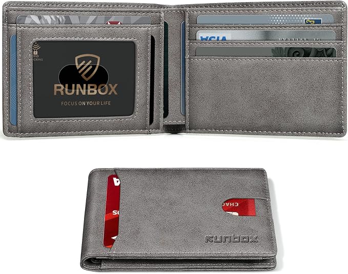 RUNBOX Wallet for Men, Slim Leather Bifold, RFID Blocking Card Holder | Minimalist Front Pocket Design, Credit Card Organizer, Holds 11 Cards, Large Capacity, Thin Profile, Birthday Gifts for Men