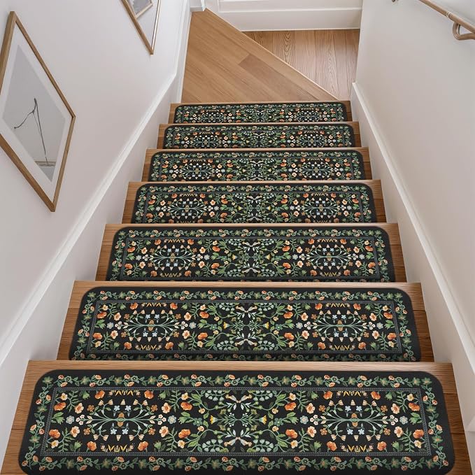 OJIA Floral Stair Treads Non-Slip Stair Runner for Wooden Steps Indoor 15PC | 30"x8" Carpet Stair Treads Stair Mats Staircase Step Treads for Kids, Elders and Dogs, Stair Covers, Black