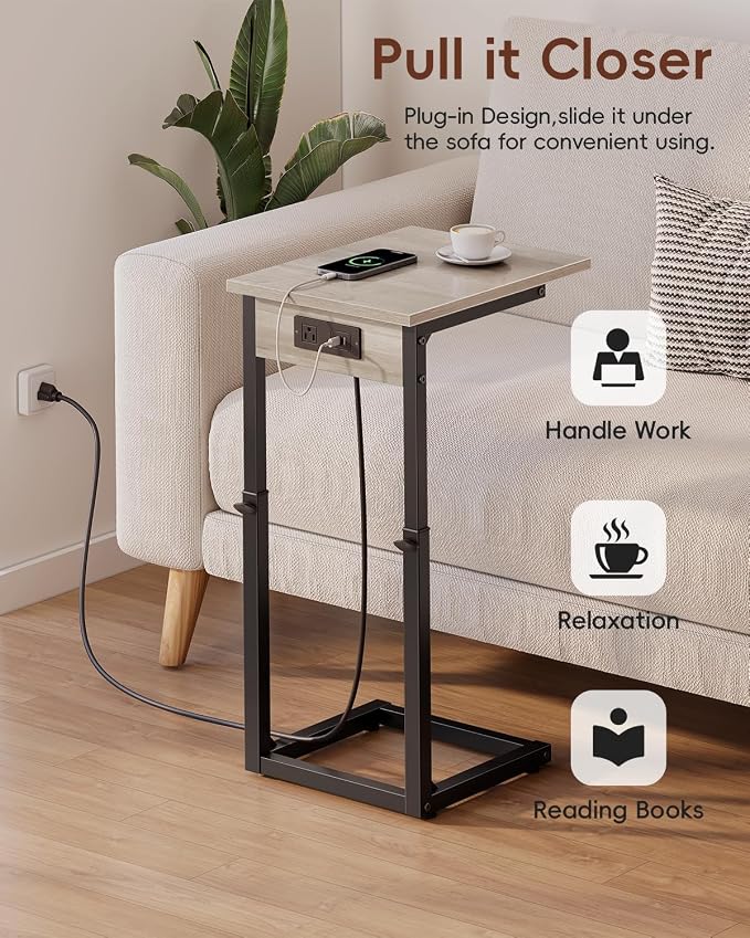 C Shaped End Table with Charging Station, Adjustable Height Side Table for Couch, C Table End Table Couch Table that Slide Under, Sofa Table TV Tray Arm Tables for Living Room, Bedroom, Gray