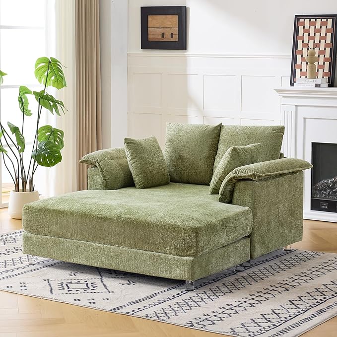 VINGLI Modern Floating Chaise Lounge Chair with Acrylic Legs, Upholstered Cushion Deep Seat Lounge Sofa with Iron-Wood KD Frame, Pillow Armrest, Accent Chair for Living Room, Play Room Apartment