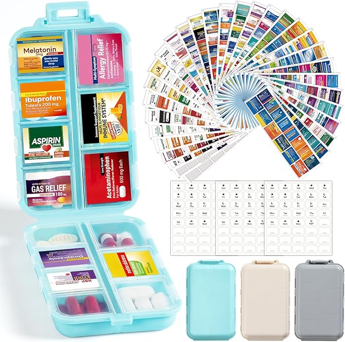 3 Pack 14 Grids Travel Pill Organizer Box with 415-Pcs Medicine Name Labels - Pocket Daily Pharmacy Case Container Kit - Travel Medication Holder Dispenser for Fish Oil Vitamin, Khaki+Grey+Sky Blue