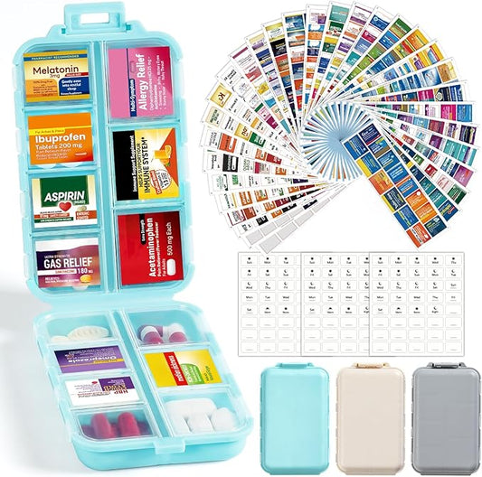 3 Pack 14 Grids Travel Pill Organizer Box with 415-Pcs Medicine Name Labels - Pocket Daily Pharmacy Case Container Kit - Travel Medication Holder Dispenser for Fish Oil Vitamin, Khaki+Grey+Sky Blue