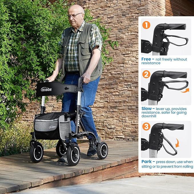 Rollator Walker for Seniors/Adults Foldable Rolling Walker with Seat 330 lbs Capacity 10 inch Wheels Hand Grips Adjustable Height Lightweight Aluminum Walker Removable Back Support 7210(Black)