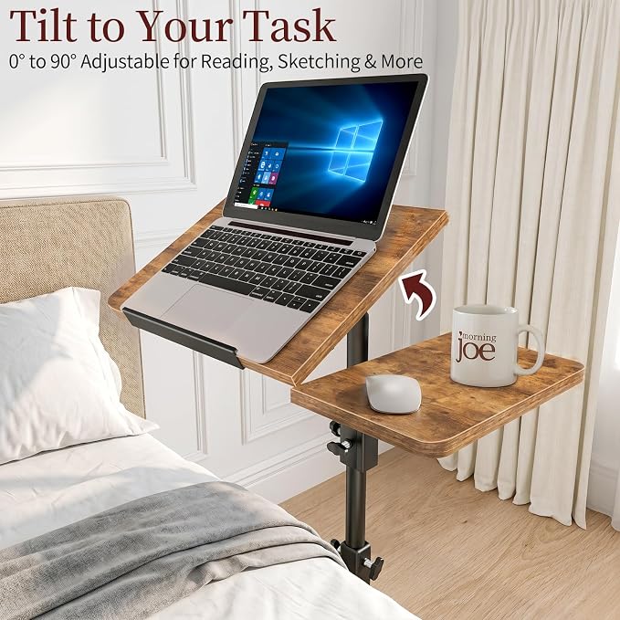 End Table Adjustable Height, 22.8"L Side Table Tv Tray with Wheels, 90° Tilting Panel Couch Table That Slides Under, Small End Table for Small Spaces, Overbed Bedside Desk Mobile Rolling Laptop Stand